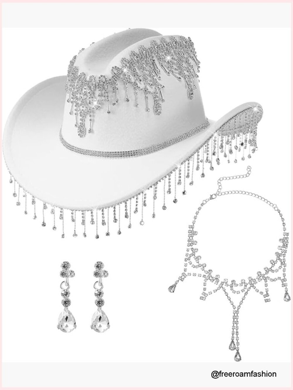Cowgirl Outfit - Rhinestone Cowboy Hat, Bling Necklace & Crystal Earrings 3